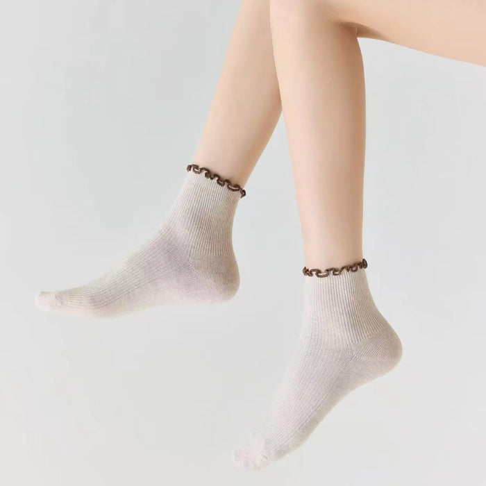 Digital Shoppy 1pair Women’s Knitted Thin Ruffle Crew Socks — Cotton Breathable Casual Spring Summer