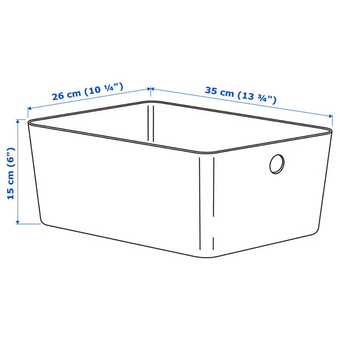 Dimension diagram of KUGGIS box: 26x35x15 cm with circular grip, ideal for modular storage planning