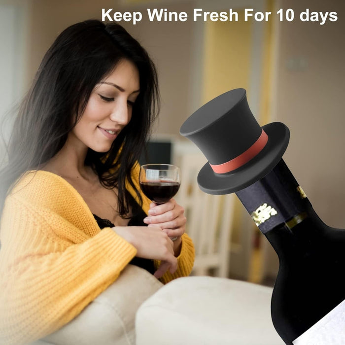 Woman enjoying red wine with bottle sealed using black top hat silicone stopper – text overlay highlights 10-day freshness – 1600002389866 13964736