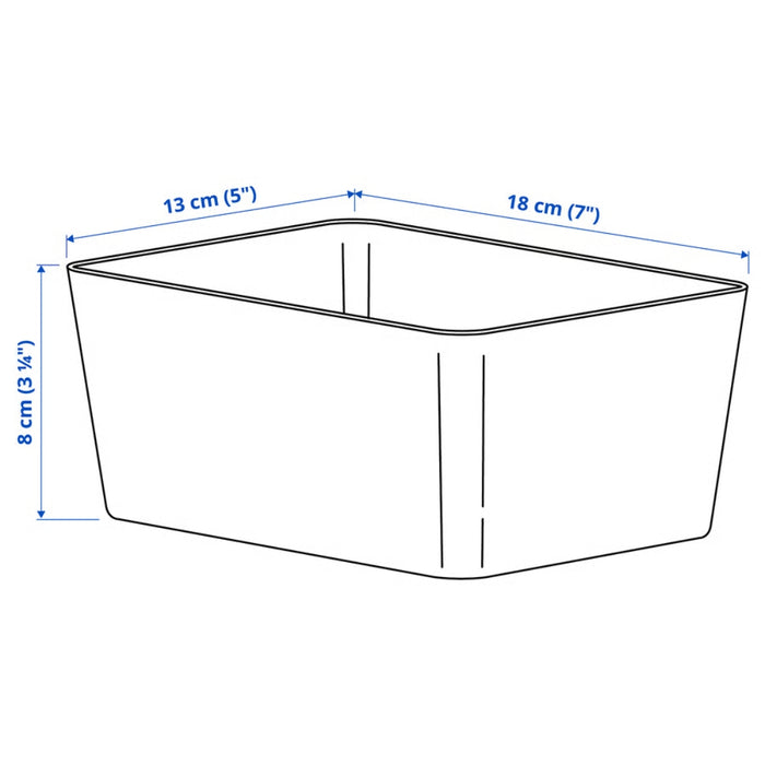 Light grey IKEA KUGGIS Box with precise dimensions labeled—13x18x8 cm (5x7x3 ¼")—ideal for efficient storage and space-saving organization in homes and offices.-20599149