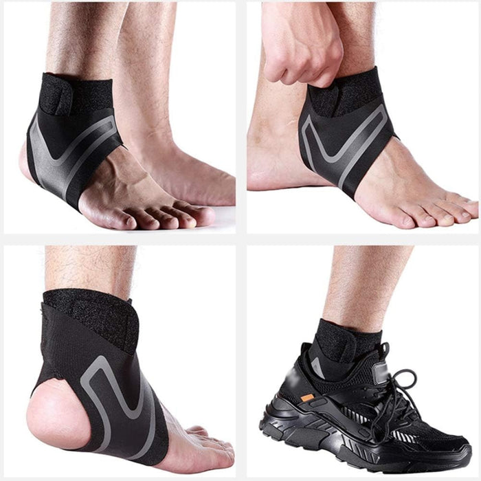 Collage showing black ankle support brace worn on foot from side, rear, and inside athletic shoe – highlights fit, open heel design, and usability during sports – 1600007421321 13974241
