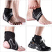 Collage showing black ankle support brace worn on foot from side, rear, and inside athletic shoe – highlights fit, open heel design, and usability during sports – 1600007421321 13974241
