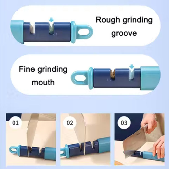 Knife sharpener with rough and fine grinding sections on a light blue background