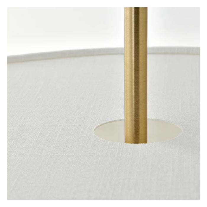 Close-up of a white lampshade with a gold fixture on a white background