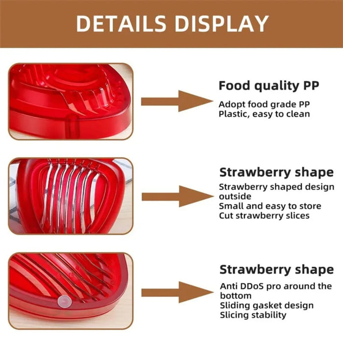Red strawberry-shaped slicer made of food-grade PP plastic – compact design with sliding gasket base for clean slicing and easy storage – 1261421 13927578