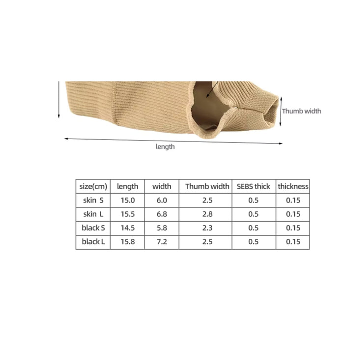 Measurement chart for beige and black socks with size dimensions on a white background