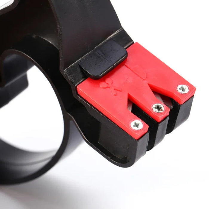 2-in-1 Knife & Scissor Sharpener – Handheld, ergonomic grip, black and red tool with handle dimensions displayed