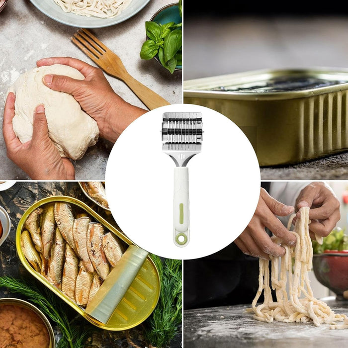 Collage of images showing pasta making process with a pasta roller in the center.