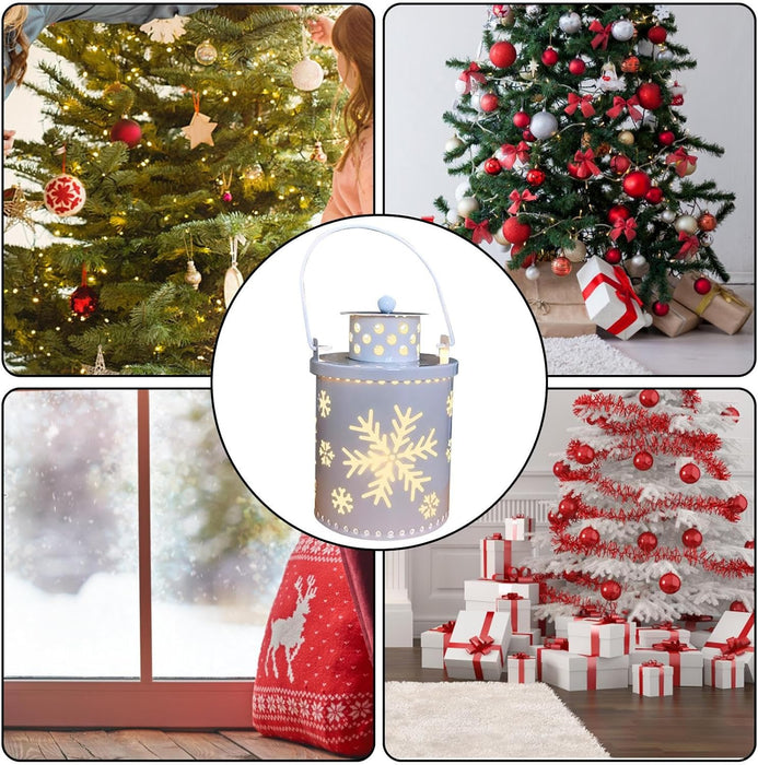 Collage of Christmas trees with decorations and a lantern.