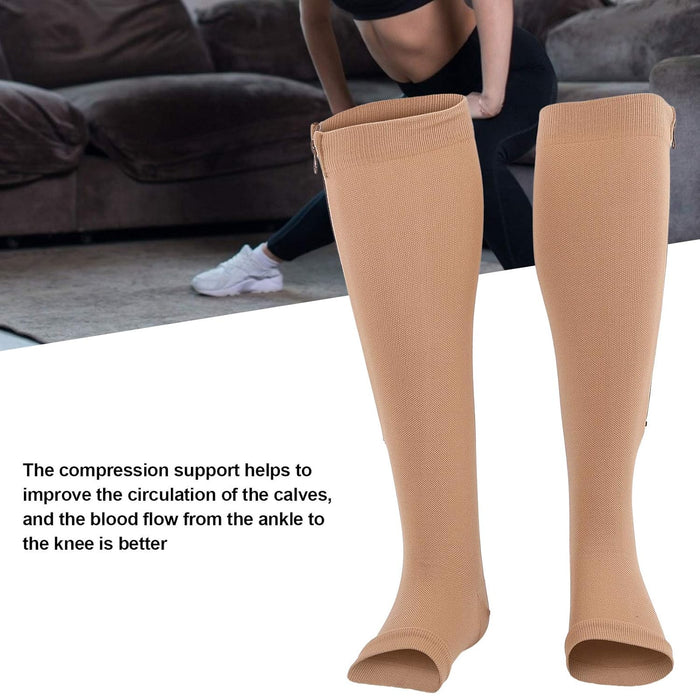 Unopened package of Digital Shoppy open-toe compression socks in beige, showing 1-pair quantity and medical-grade certification