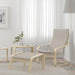 POÄNG armchair & footstool, birch veneer/Knisa light beige – ergonomic high-back chair with curved frame, matching cushioned stool in airy, minimalist room – 30158659, 90395144, 80433434, 90395158.