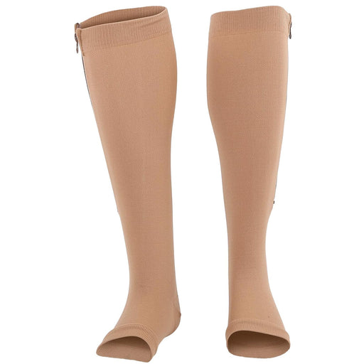 Digital Shoppy beige open-toe compression socks  lying flat, showing breathable exposed toe design and seamless construction for swelling relief