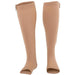 Digital Shoppy beige open-toe compression socks  lying flat, showing breathable exposed toe design and seamless construction for swelling relief