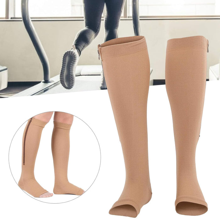 Digital Shoppy beige open-toe compression socks  laid flat showing exposed toe design and seamless construction for medical support and comfort