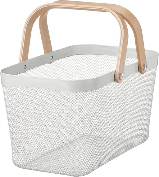 IKEA RISATORP white wire mesh basket with a natural light wood handle, shown on a white background-90530397