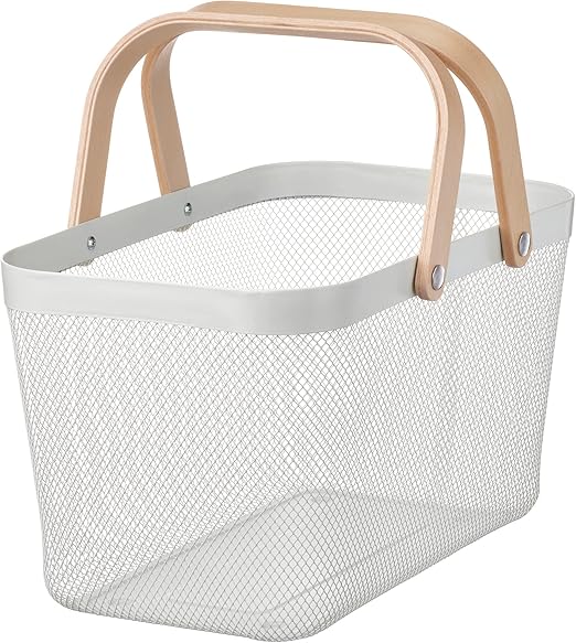 IKEA RISATORP white wire mesh basket with a natural light wood handle, shown on a white background-90530397