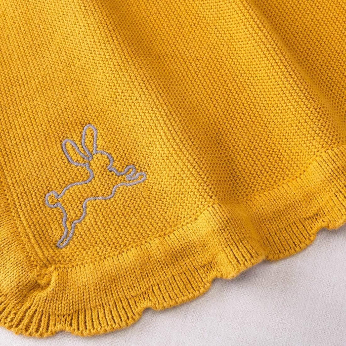 Ikea LEN Baby Cot Duvet Cover, Pillowcase and Knit Blanket Set, Bunny Print, Organic Cotton, 110x125 cm with Dark Yellow Blanket, 70x90 cm