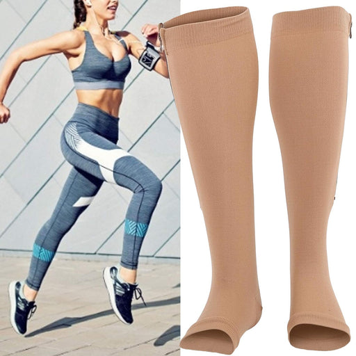 Woman wearing Digital Shoppy beige medical compression socks with open toes, demonstrating comfortable fit for nurses or runners