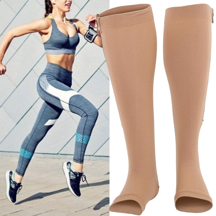 Woman wearing Digital Shoppy beige medical compression socks with open toes, demonstrating comfortable fit for nurses or runners