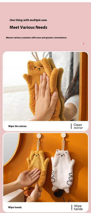 Digital Shoppy Cute Kitten Coral Fleece Hand Towel – Hanging Quick-Dry Kitchen Scarf Beige
