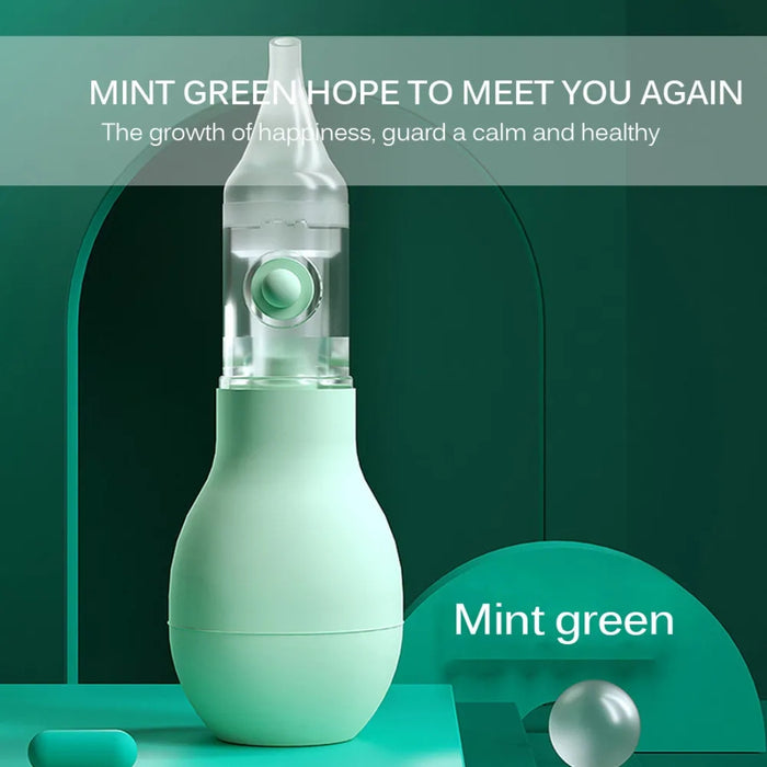 Mint green nasal aspirator with transparent nozzle, promoting calm and healthy breathing for infants