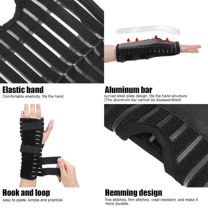Digital Shoppy wrist brace close‑up showing elastic band aluminum bar hook and loop fastening and reinforced hemming design
