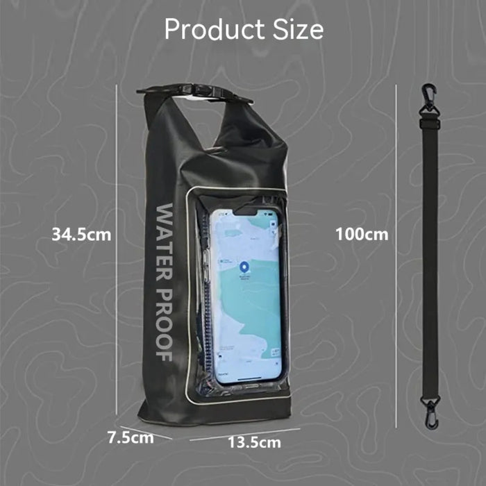 Black waterproof bag with phone case and measurements on a gray background