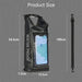 Black waterproof bag with phone case and measurements on a gray background