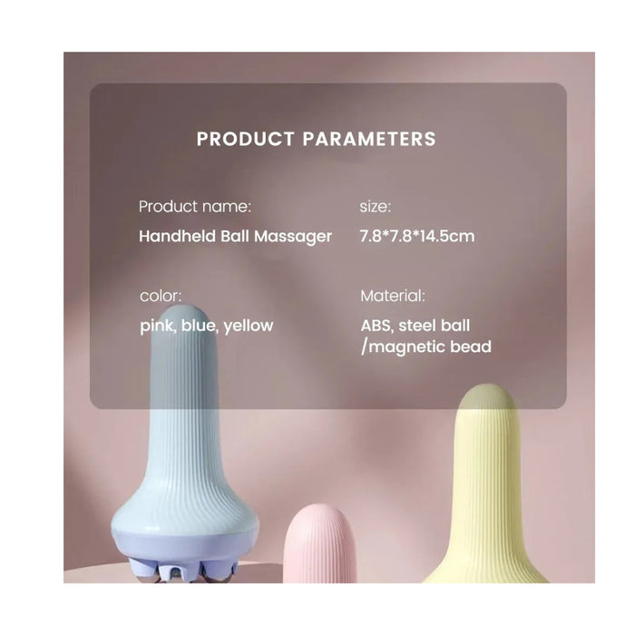 Handheld ball massager with product parameters on a pink background