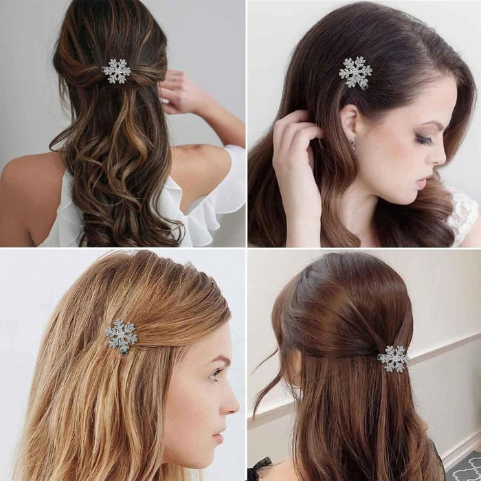 Crystal snowflake hair clip – collage of four hairstyles featuring jeweled snowflake accessory