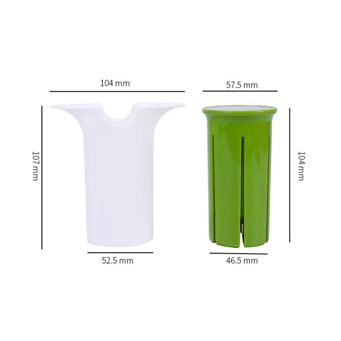 Two plastic containers, one white and one green, with dimensions labeled on a white background.