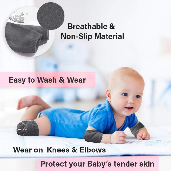 Baby anti-slip knee pads – baby in blue outfit crawling with breathable, washable dark grey pads