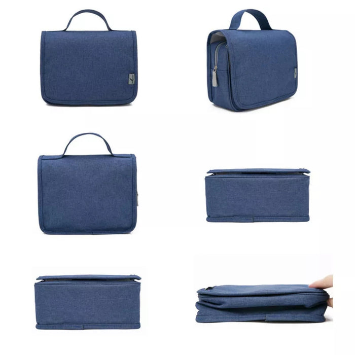 Travel storage waterproof bag, blue. Compact zip case shown from front, side, top, and bottom views – foldable design with handle offers easy portability – 13403615.