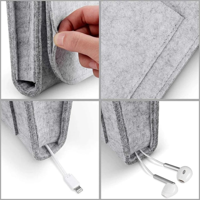 Gray felt pouch with earbuds and charging cable, showing close-up details.
