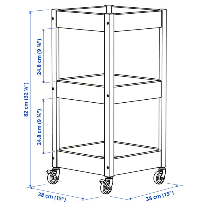 Technical drawing of LOSHULT trolley with labeled dimensions: height 82 cm, width and depth 38 cm, shelf spacing 24.8 cm, four caster wheels