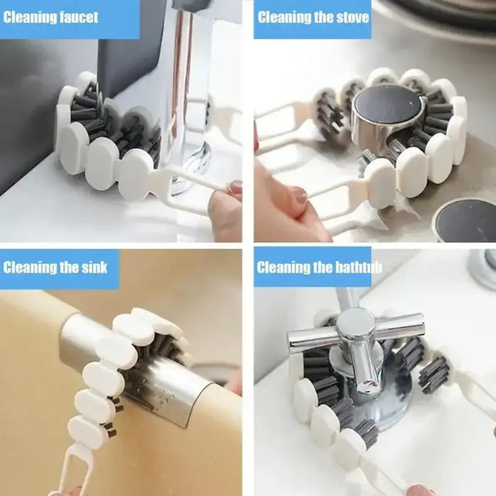 Collage showing brush tool cleaning faucet, stove, sink, and bathtub – versatile design with rotating heads for household surfaces – 1600001512507 13955116