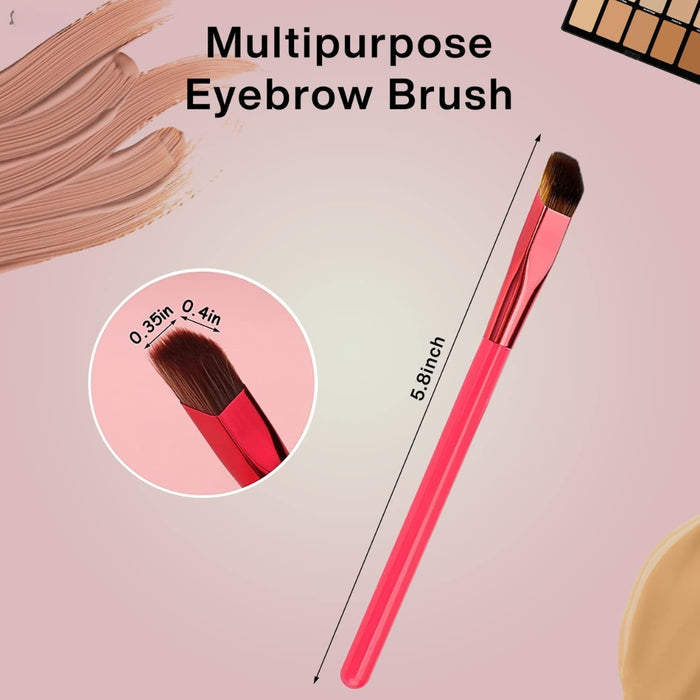 Red multipurpose eyebrow brush shown with labeled dimensions and makeup palette – angled bristles ideal for brow grooming and cosmetic detailing – 1598453751840 14041847