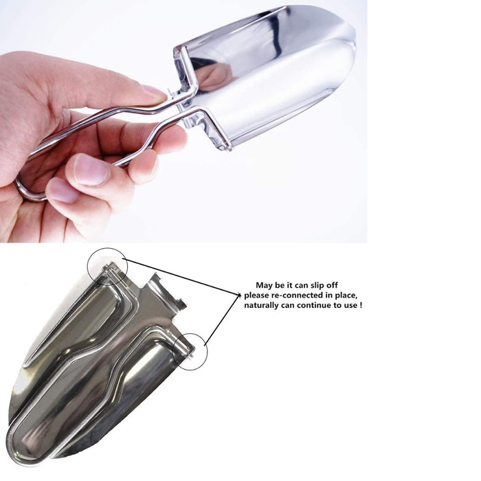Stainless steel garden shovel – detachable scoop with handle connection feature and usage instructions
