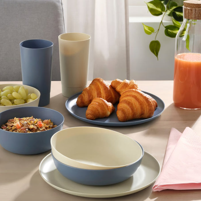 IKEA MÄRIT Place mat, natural35x45 cm (14x18 ") with VITABBORRE Plate, blue, 26 cm  and Deep plate, blue, 20 cm and  Bowl Blue, 16 cm  Glass, plastic 700 ml and  Paper napkin, patterned light pink/orange, 16x32 cm