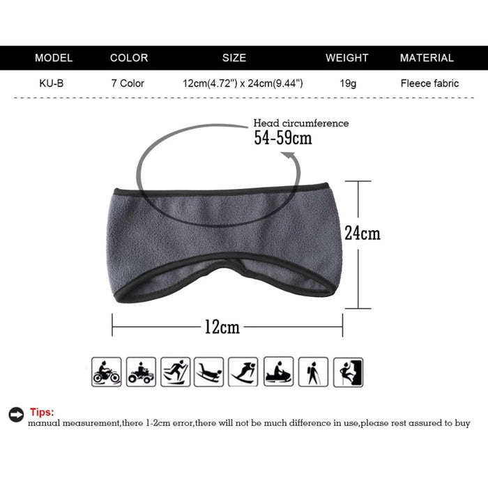 Measurement chart for a headband with dimensions and material details.