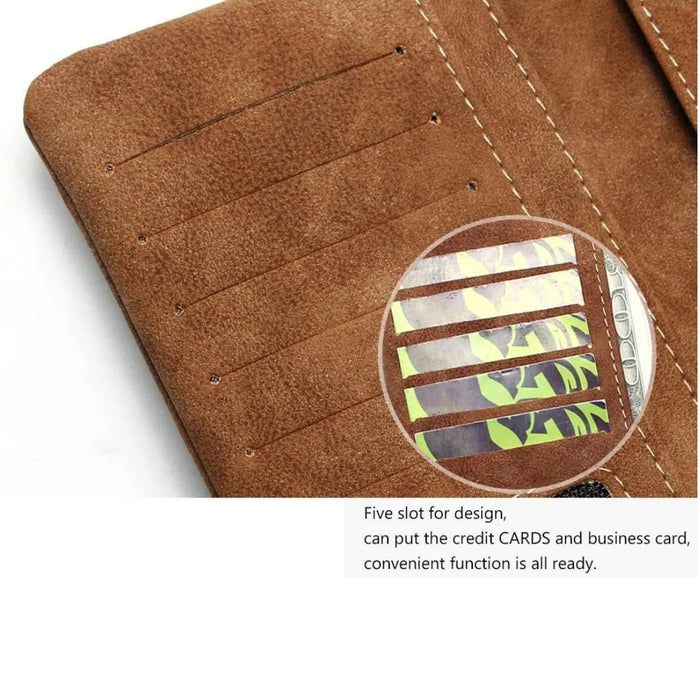 Brown suede wallet with five horizontal card slots – magnified inset shows credit and business cards in textured stitched compartments – 411355 13972034
