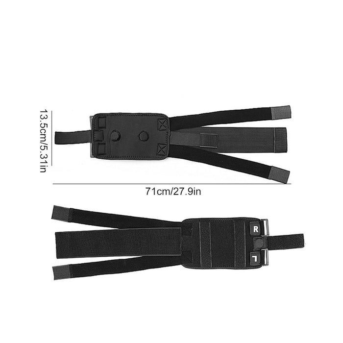 Technical drawing of adjustable strap system with padded section, labeled dimensions 13.5 cm height and 71 cm length, bilateral R/L use