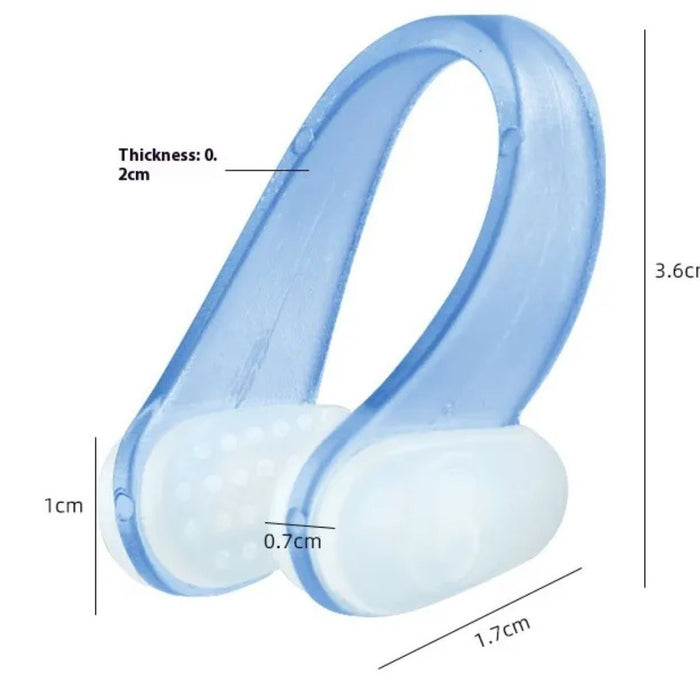 Blue and white nose clip with labeled dimensions for thickness, height, and pad size - 