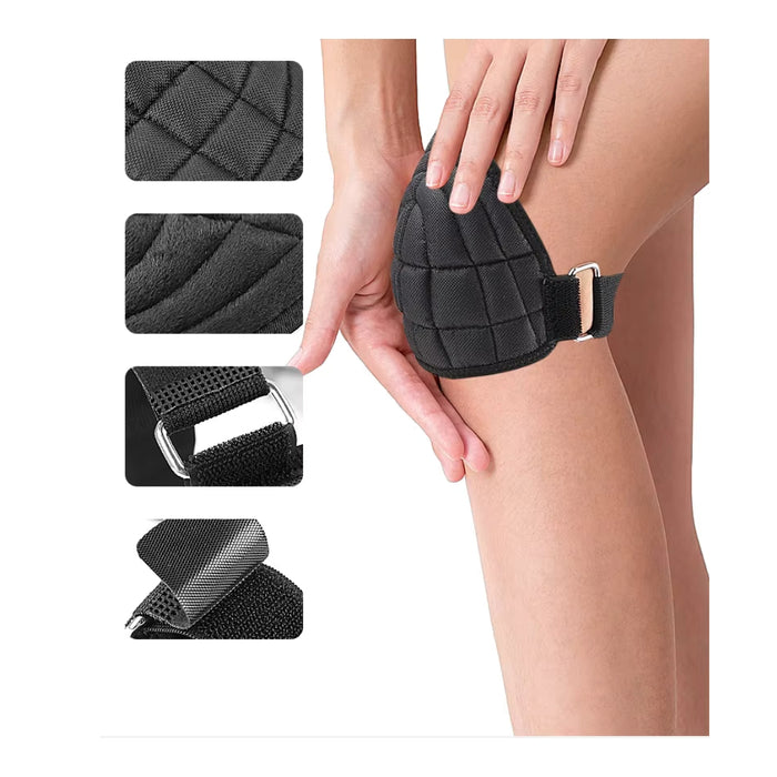Black knee support brace being worn on a person's knee with close-up insets of material texture and design.