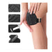 Black knee support brace being worn on a person's knee with close-up insets of material texture and design.