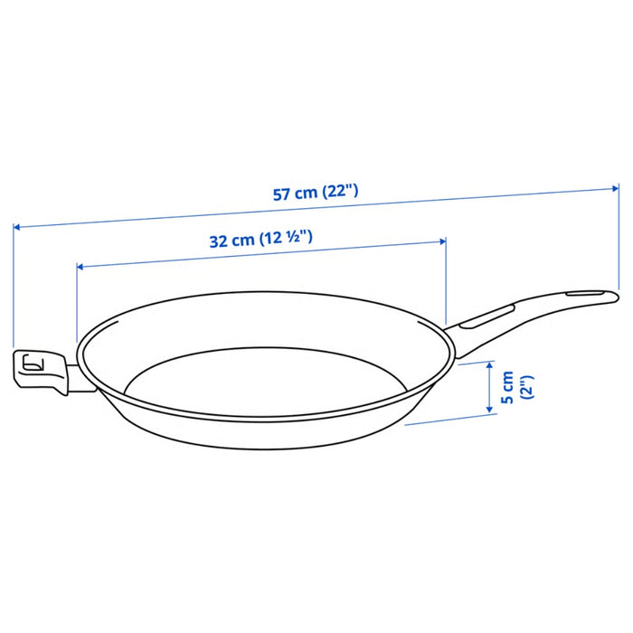 Measurement chart of a frying pan with dimensions labeled