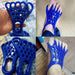 Blue toe orthosis – collage showing toe separator off and on foot with five-loop structure and breathable holes