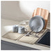 Dish drying rack with plates, mugs, and utensils on a kitchen counter.