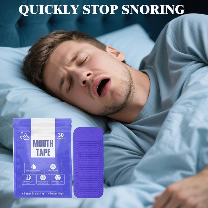 Man sleeping with mouth open beside purple-packaged mouth tape labeled “Quickly Stop Snoring”