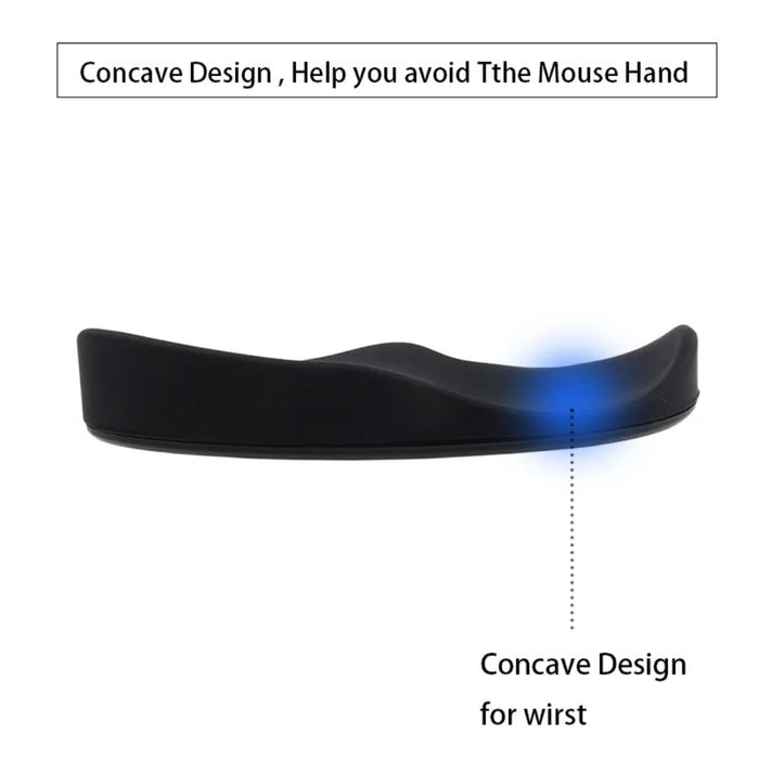 Black ergonomic wrist rest with concave design and blue glow effect – shaped to reduce mouse hand strain and support wrist posture – 1598452347809 13936001